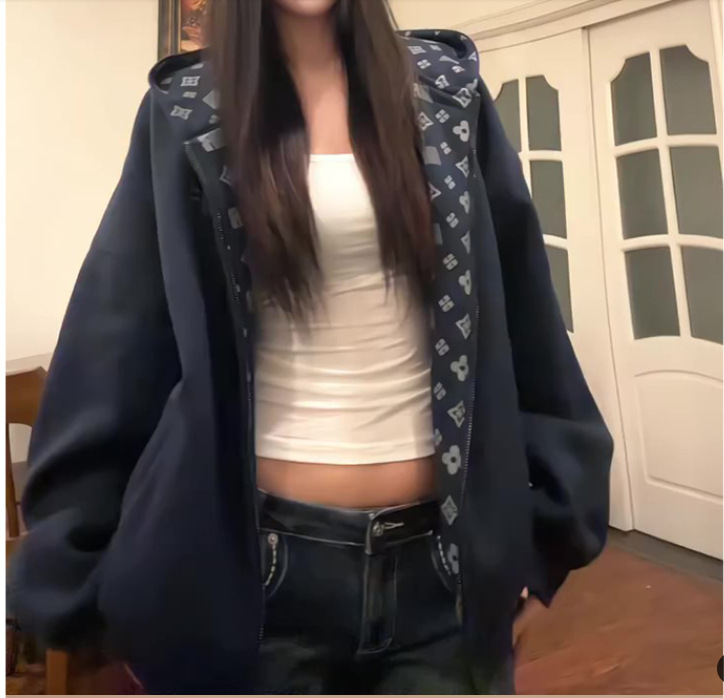 美式复古灰色开衫连帽卫衣女 2025早秋季宽松慵懒风拉链卫衣外套|undefined