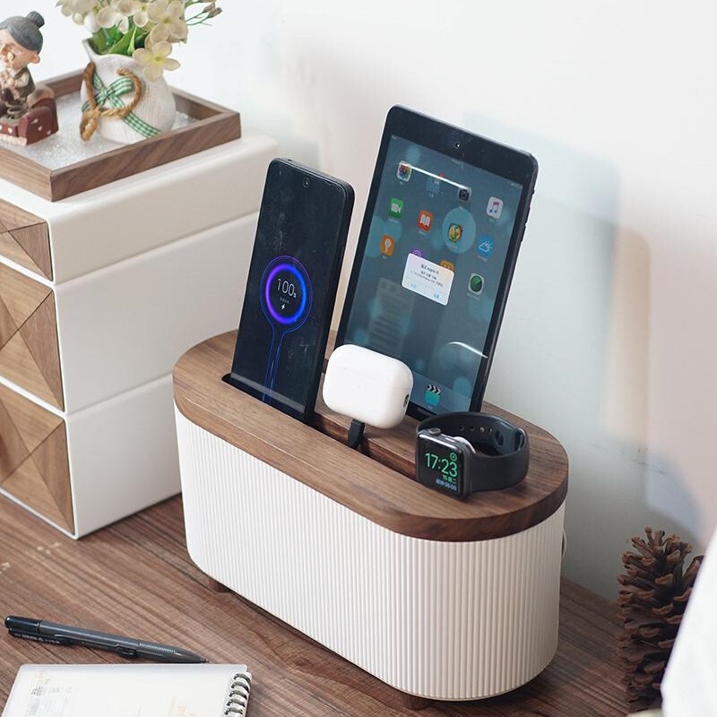 Black Walnut Power Strip Storage Box Wire Organizer Box Mobile Phone Headset Watch Tablet iPad Charging Box