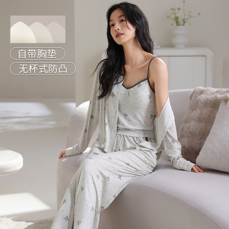 (Price Controlled at 79.9 Yuan) Autumn New Style 7030 Threaded Colorful Cotton with Chest Pad Suspender Three-Piece Pajamas Women's Suit