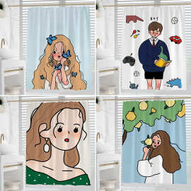 亚马逊跨境防水浴帘防霉加厚涤纶韩国插画浴室卫生间洗澡隔断帘子