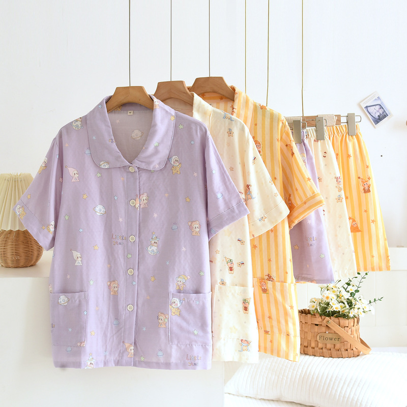Cartoon Gauze Pajamas for Women, Spring and Summer Thin Style, Cute Cartoon Short-Sleeved Shorts, Loose Home Clothes Set That Can Be Worn Outside Cartoon Gauze Pajamas for Women, Spring and Summer Thin Style, Cute Cartoon Short-Sleeved Shorts, Loose Home Clothes Set That Can Be Worn Outside