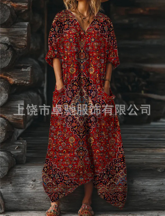 2025新款独立站女式复古花卉艺术图案印花口袋V领口袋连衣裙|undefined