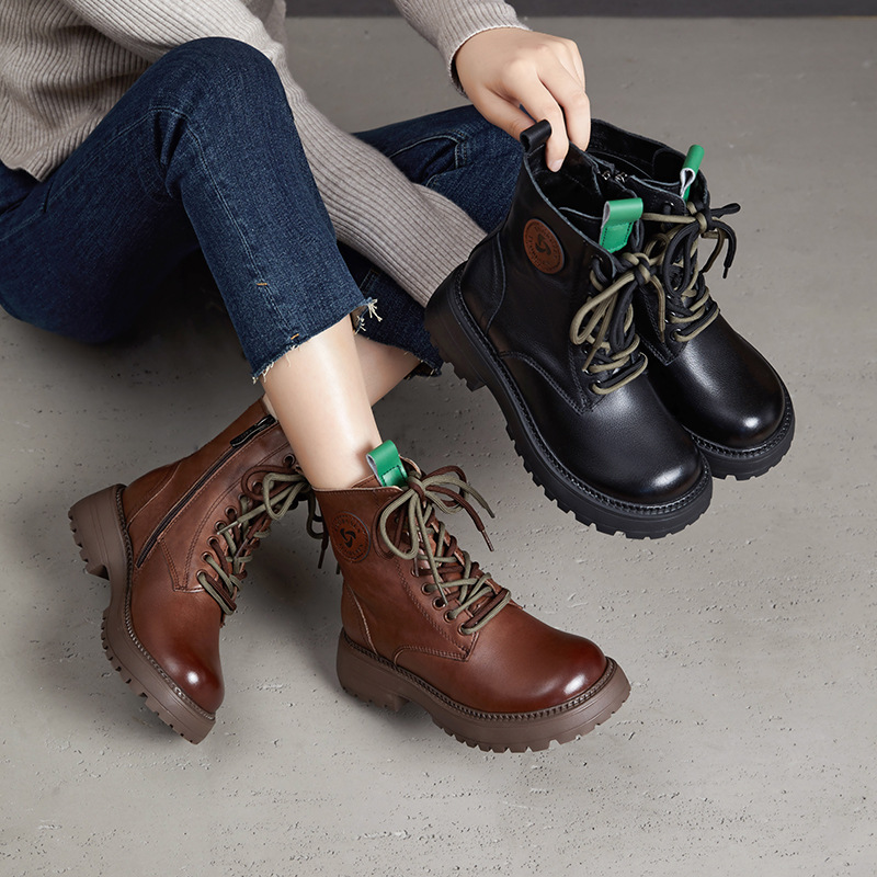 First-Layer Cowhide Boots for Women, Motorcycle European Short Boots, Round Toe Thick Soles, 2025 Autumn and Winter Women's Shoes, Boots, Boots for Women