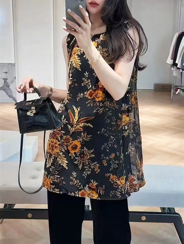 2025 新しいレトロ品質レーヨンベルベット焼き花ファッション年齢軽減気質ノースリーブトップベストミドル丈|undefined