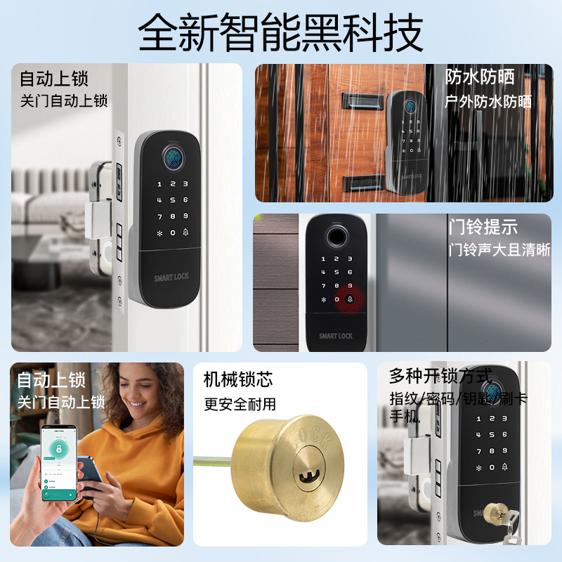 Sin cableado, contraseña de huellas dactilares, cerradura de tarjeta de crédito, cerradura de contraseña de puerta antirrobo antigua, cerradura de cabeza de buey de puerta de patio, cerradura inteligente de puerta de hierro grande