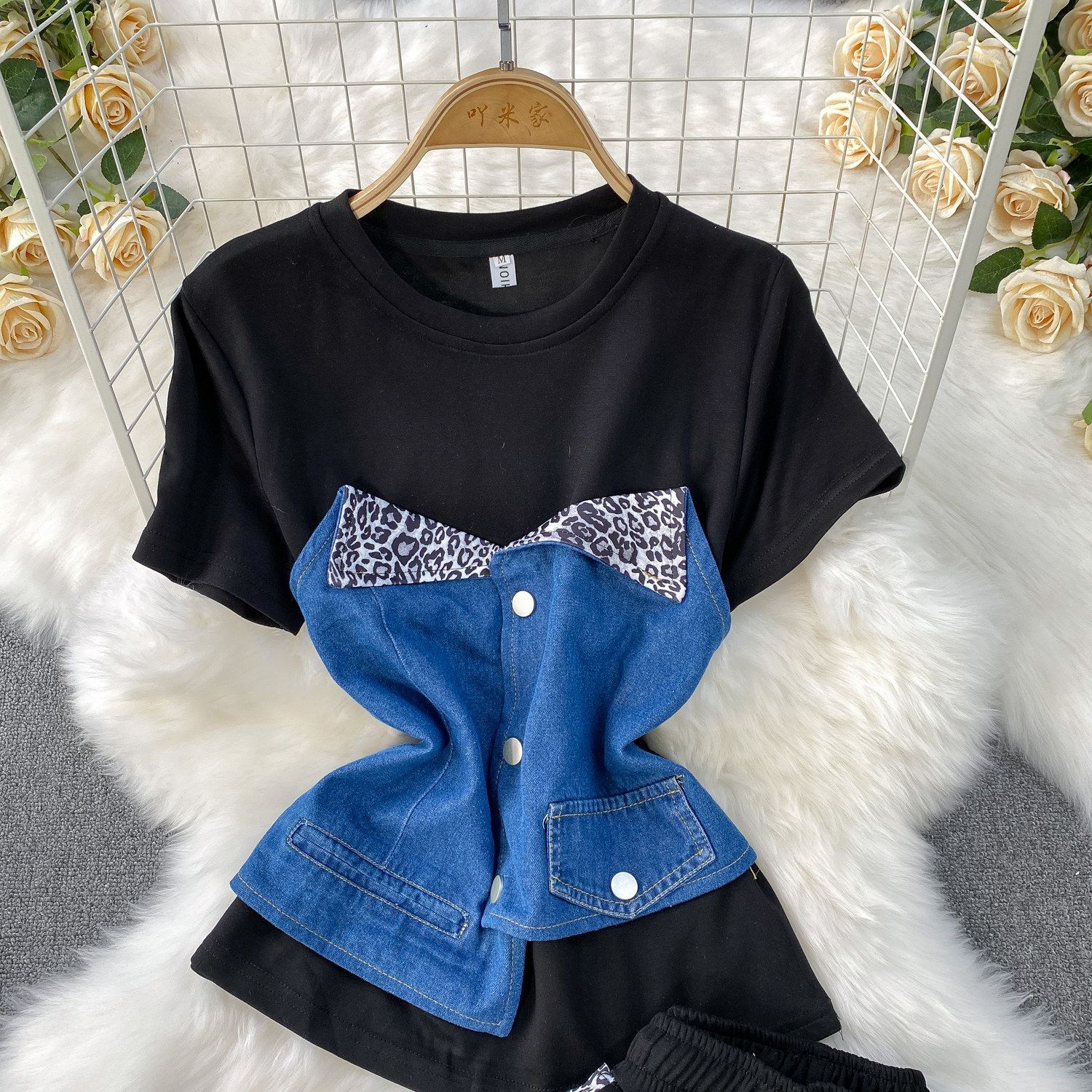Women's Two Piece Set Denim Short Sleeved Top High-Waisted Slim Straight Leg Pants Fashion Slimming Wide Leg_ecoleips.com