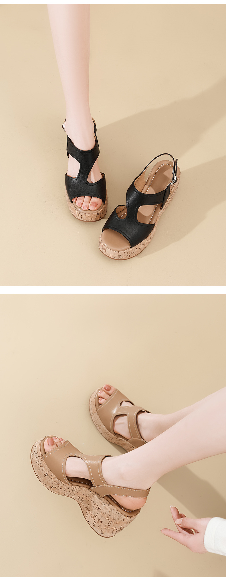 Sandal cao gót nữ đế platform hở mũi da thật gót 10 cm phong cách La Mã — màu đen, màu nâu nhạt chi tiết 8