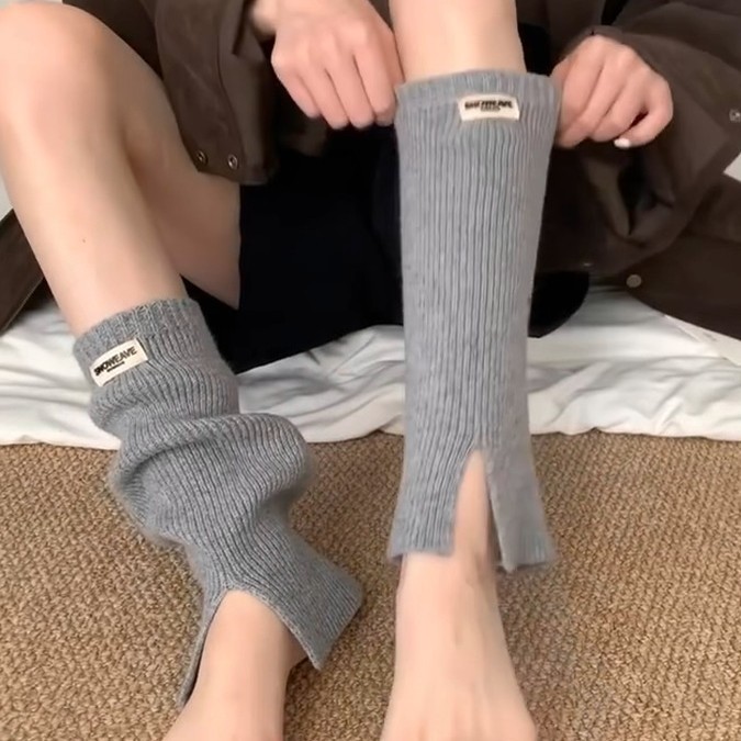秋冬诸暨韩式布标针织开叉袜套ins字母中筒堆堆袜子松弛感腿套女|undefined
