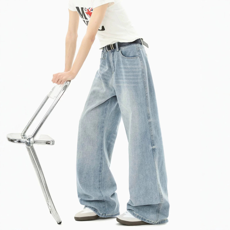 Jeans American-Style Washed Light Blue Wide-Leg Men's Trendy Brand New Cleanfit High Street Versatile Straight Long Pants