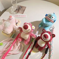 少女心草莓熊公仔背夾斜跨手機鏈側掛鏈通用手機殼戶外掛脖背帶式