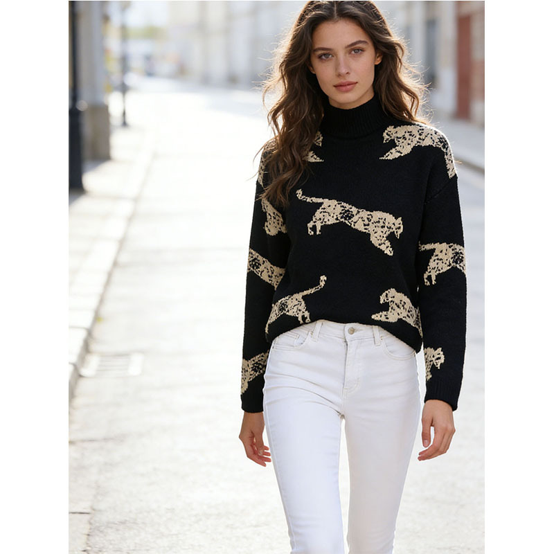 Cross-Border Autumn and Winter Leopard Print Color-Block Jacquard Knit Sweater Top New Stylish Versatile Half-Turtleneck Sweater Base Layer for Women