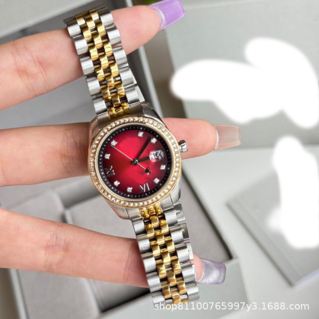 Wei Wei West Dowager's Same Watch Women's New Rose Red Cherry Diamond-encrusted Waterproof Steel Band Small Dial Quartz Steel Band