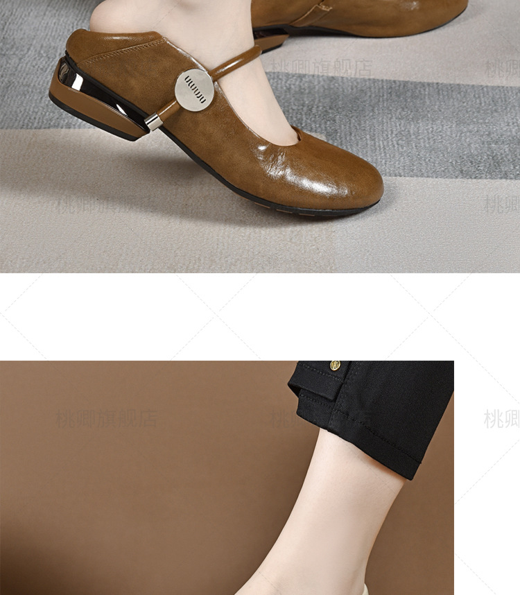 Giày Mary Jane nữ da thật mũi tròn đế mềm gót vuông thấp xỏ chân — Màu nâu chi tiết 19