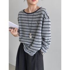 那末韩系复古条纹磨毛刺绣针织衫女宽松百搭软糯内搭上衣E2502