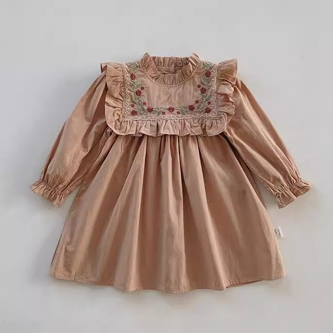 Francés bordado flor stand collar niña vestido 2024 primavera y otoño volantes manga larga niña princesa vestido al por mayor