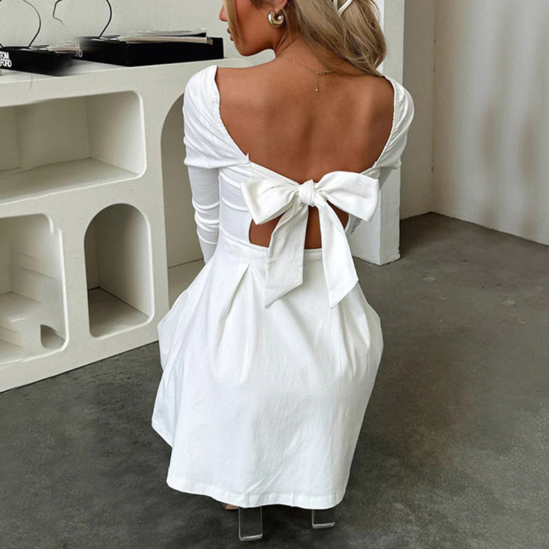 European and American Cross-Border Fashion Elegant Sexy Elegant Lv Women's Pure Color Slim Square Collar Fluffy Long-Sleeved Long Dress