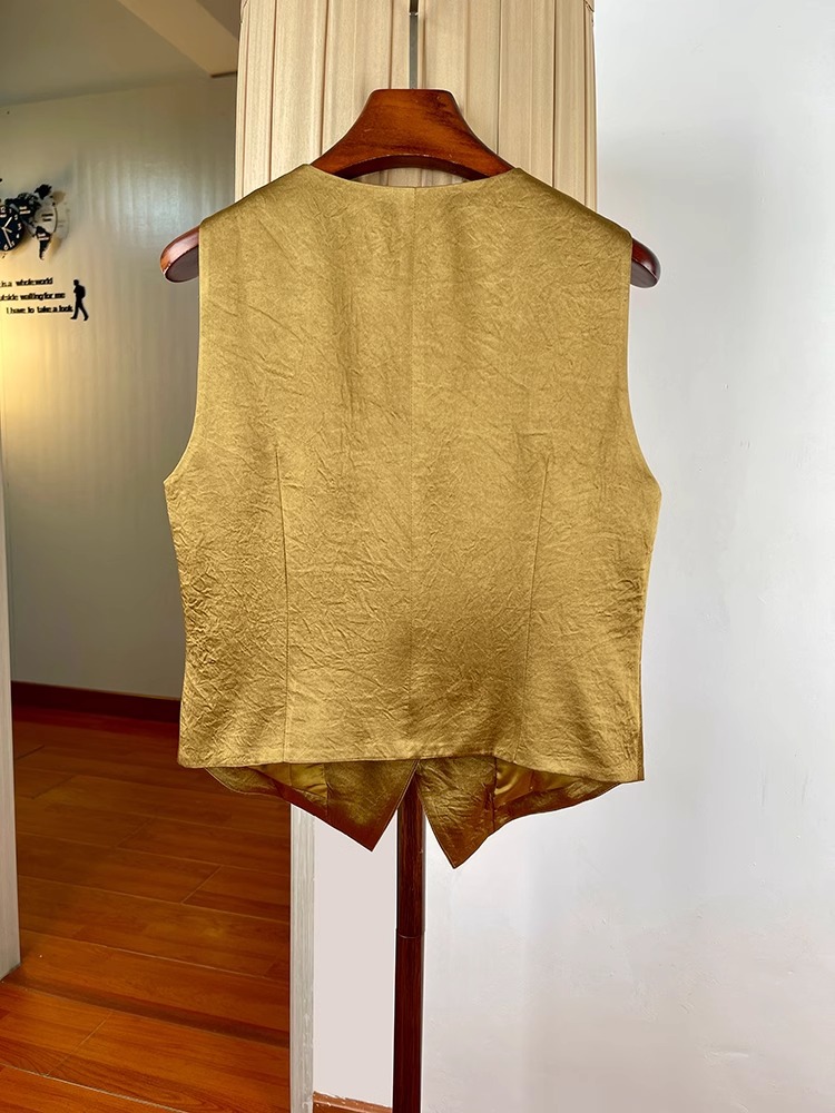 Nuevo chaleco de satén de ácido acético chino para mujer, verano nuevo estilo, temperamento de alta gama, chaleco casual, cuello en v, top sin mangas