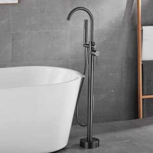 ✅ All-Copper Gun Gray Floor-Standing Bathtub Faucet with Wooden Barrel Column Basin Wall-Mounted Independent Hot and Cold Shower Faucet