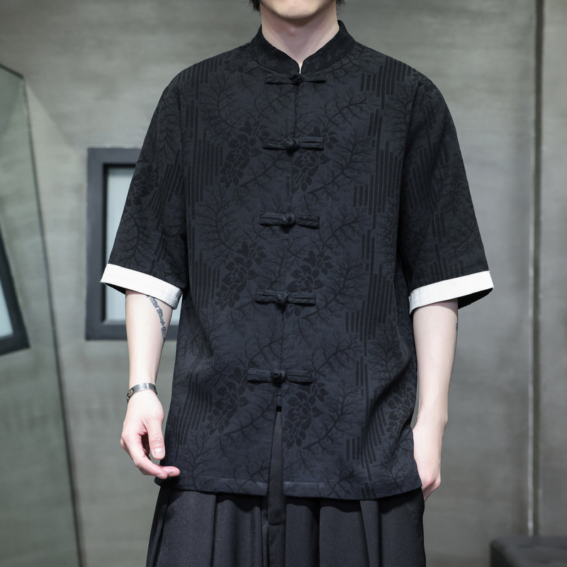 New Chinese Style Tang Suit Men's Chinese Style Summer Thin Cotton and Linen Short-sleeved Shirt Retro Style Han Style Husband Clothing Zen Clothing