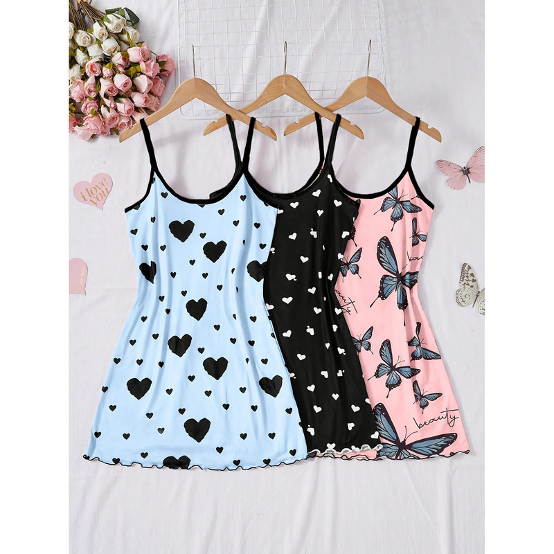 European and American cross-border sleepwear, sexy camisole with ruffled shorts, women's summer casual home wear, heart-patterned set European and American cross-border sleepwear, sexy camisole with ruffled shorts, women's summer casual home wear, heart-patterned set