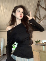 实拍260G人棉磨毛长袖t恤女2025初秋新款纯色修身打底衫斜领上衣