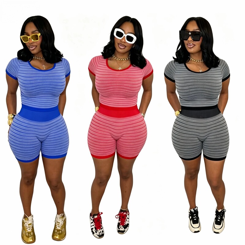 Ts1370 European and American Women's New Casual Knitted Fine Striped Shorts Suit