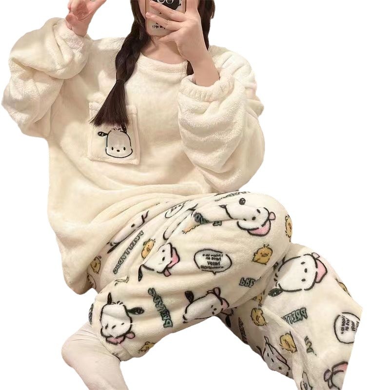 Pijamas de lana de coral para mujer Otoño e Invierno Nueva franela gruesa forrada de lana cálida de dos piezas a rayas ropa para el hogar transmisión en vivo