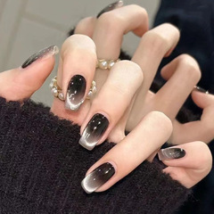 黑色微笑貓眼穿戴甲法式顯白百搭短款甜酷風美甲貼片可拆卸指甲