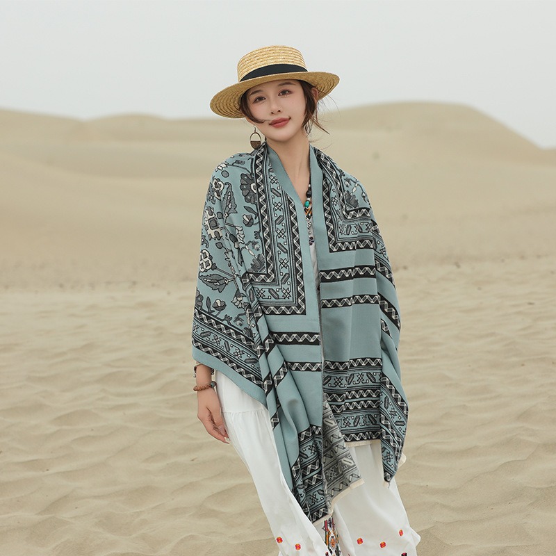 New ethnic style double-sided i mitation cashmere warm shawl for travel, fashionable outerwear cloak, versatile women's_voghion.com