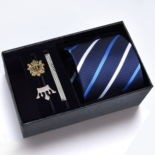 Gift box] Men's 8cm formal business tie brooch tie clip five-piece suit professional blue and white stripes