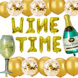 WINE TIME金色字母香槟酒杯铝箔气球单身派对朋友聚会跨境热卖