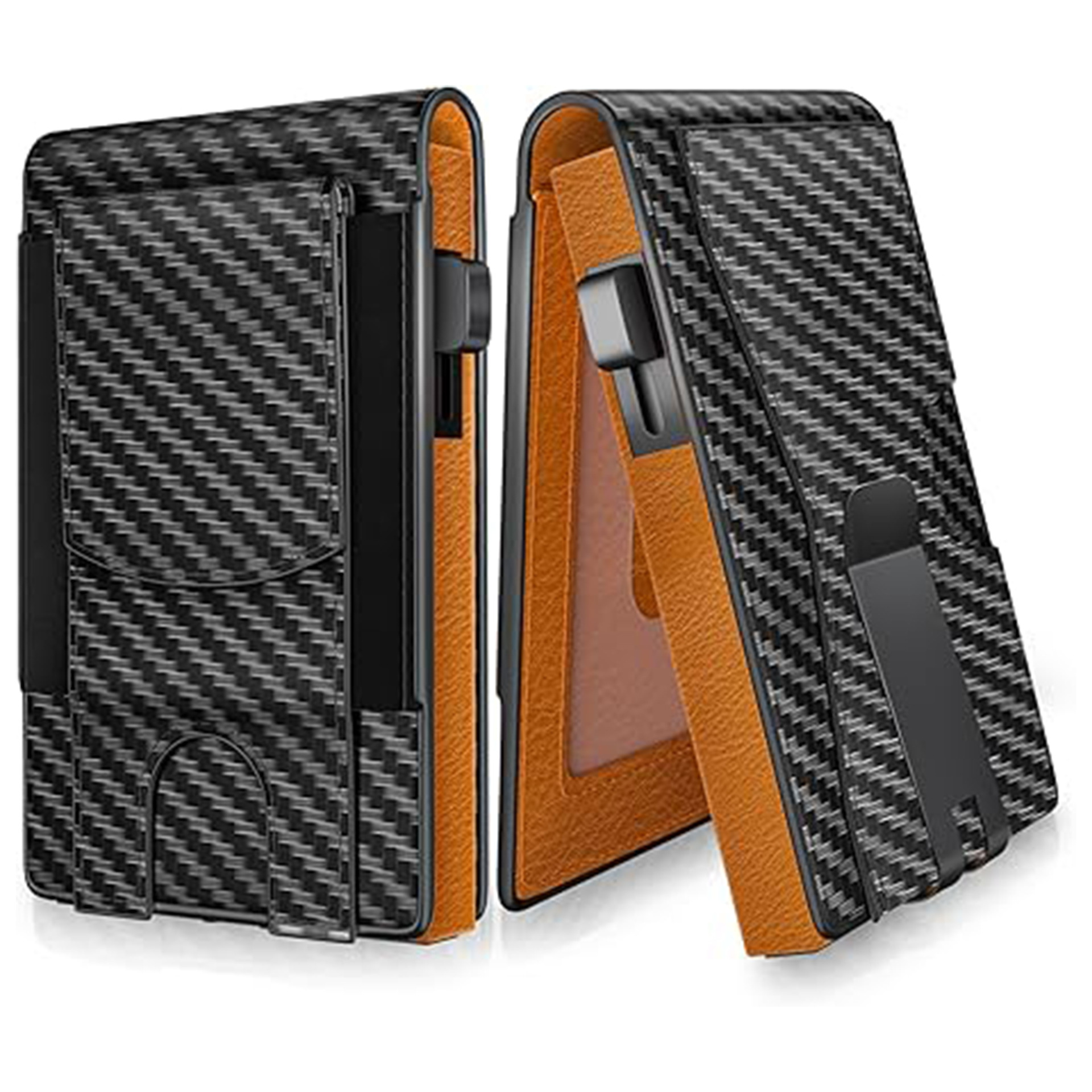 Amazon RFID antirrobo cepillo de cuero cartera de fibra de carbono estriado flip cartucho lado empuje doble doble cartera de absorción magnética para hombres