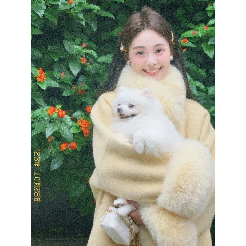 高级感气质温柔双面呢子大衣女秋冬时尚毛领斗篷保暖短款毛呢外套|undefined