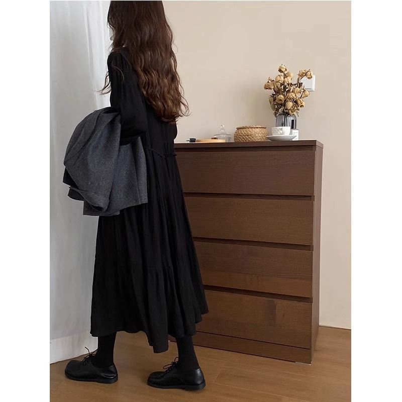 韓国版の高級な黒い長袖のワンピースの女性の秋の大きいサイズは太っていてゆったりしていて、やせている気質が大きいです。|undefined