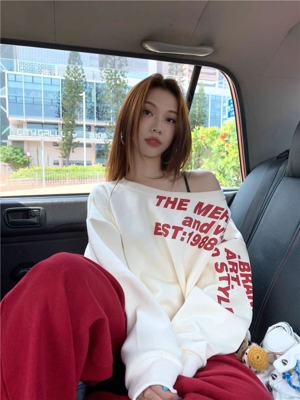 美式辣妹斜肩长袖t恤卫衣女早秋季2025新款宽松慵懒风设计感上衣|undefined