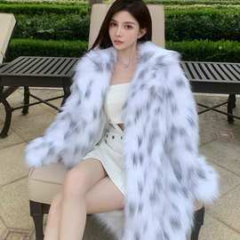 2025欧美仿皮草外套女装韩版中长款无腰带斑点长袖狐狸毛外套批发