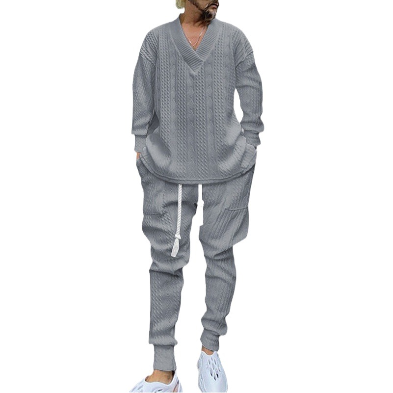 2024 hombres grandes con cuello en V jacquard prendas de punto de otoño e invierno Nuevo Amazon estación independiente europea y americana de ocio traje deportivo