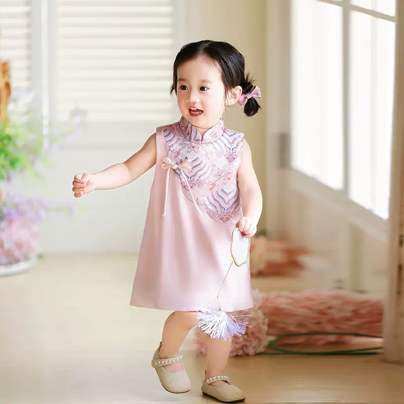 周岁女宝宝礼服2025夏生日宴婴儿抓周衣服粉色中式连衣裙女童旗袍