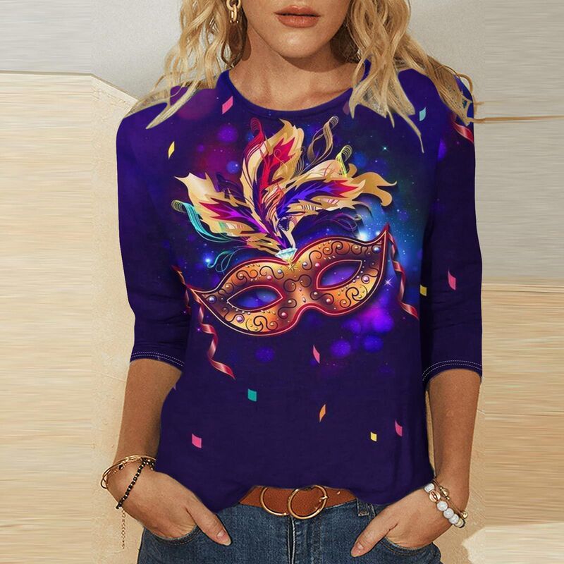 Christmas Print Three-Quarter Sleeve T-Shirt for Women, Autumn Round Neck Striped Contrast Color Casual Holiday Top, Plus Size Christmas Print Three-Quarter Sleeve T-Shirt for Women, Autumn Round Neck Striped Contrast Color Casual Holiday Top, Plus Size
