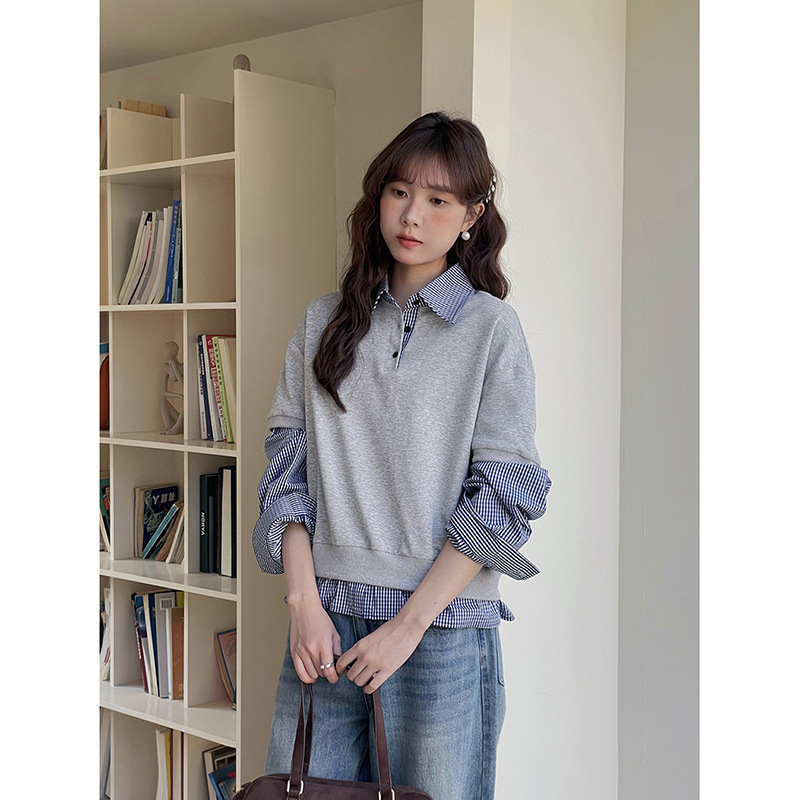 [Miu Sweatshirt Fake Two Pieces] Ge Ming Design Stitching Plaid Sweatshirt Women's Autum New Top W728B