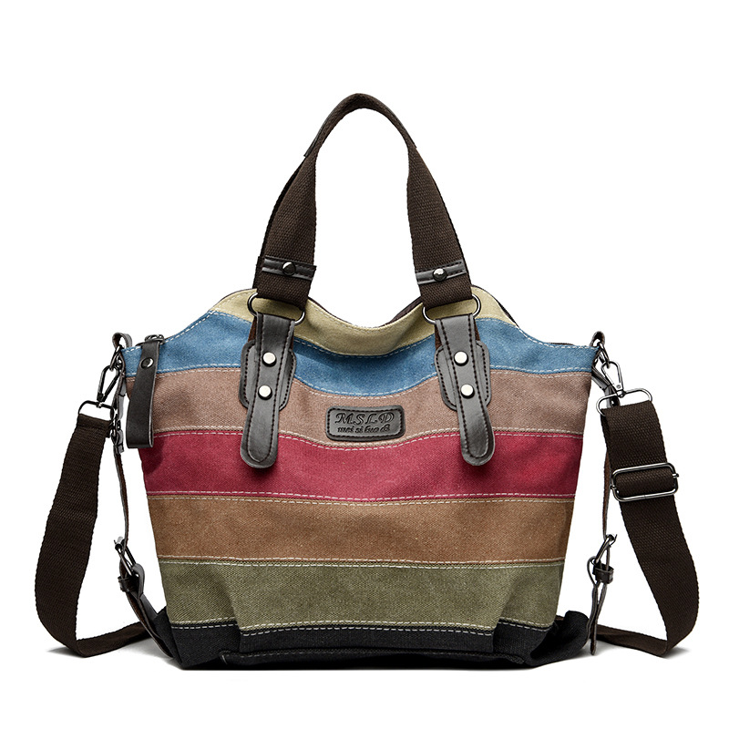 Cross-Border New Canvas Casual Retro Fashion Academic Style Large Capacity Women's Shoulder And Crossbody Contrast Patchwork Bag