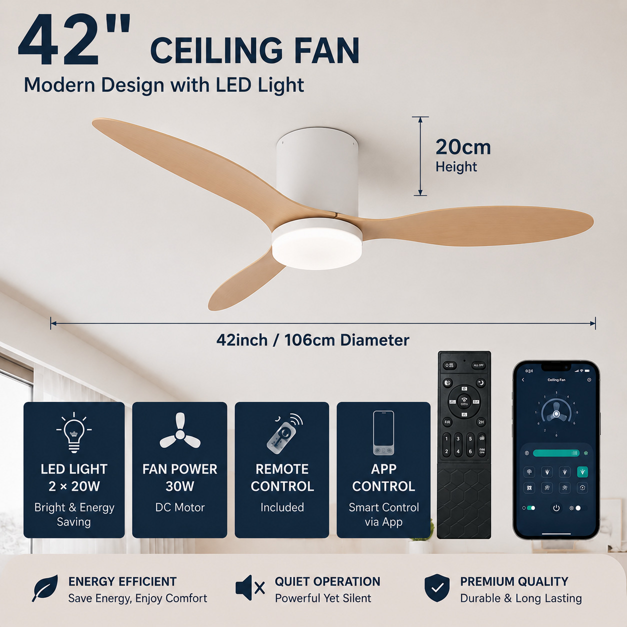 Lámpara Ventilador de Techo Inverter de Plástico ABS Silencioso con Control Remoto para Sala de Estar y Dormitorio