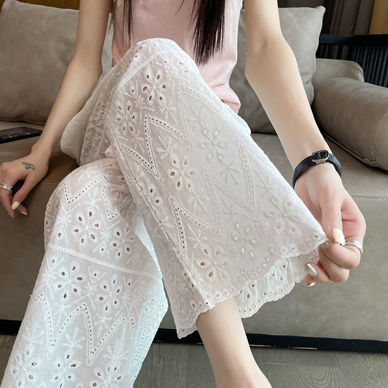 Narrow Chinese-Style Wide-Leg Pants for Women, Summer Thin Loose Slimming White Embroidered Hollow Casual Cropped Cool Pants