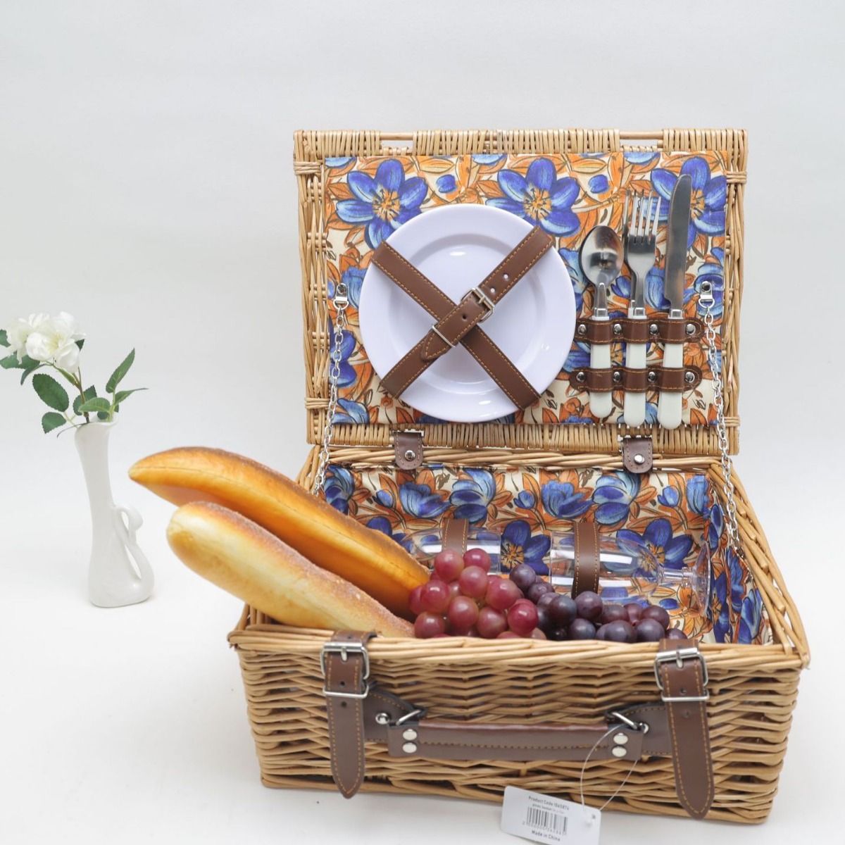 Cesta de almacenamiento portátil con tapa de ratán de stock de fábrica, al aire libre con vajilla, salida de primavera, cesta de picnic de sauce