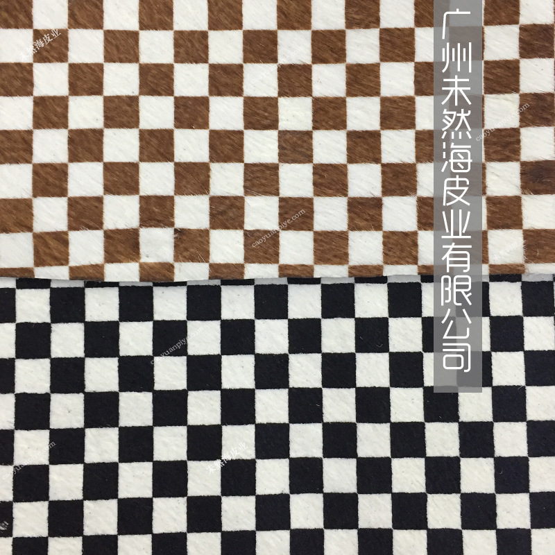 印花皮棋盘格LI家GG牛毛印花真皮厂家直销1CM黑白棕白小方格牛皮