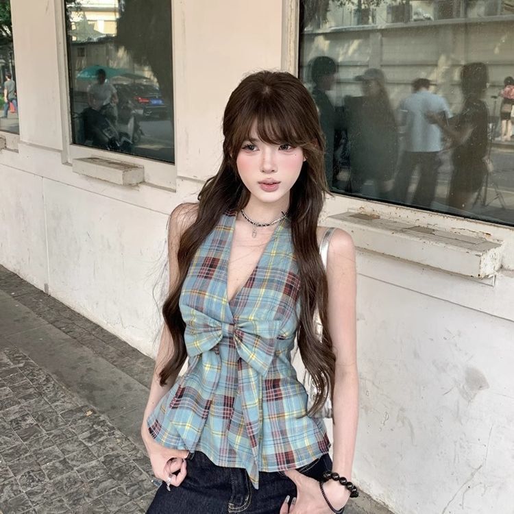 Sexy Hot Girl Bow Plaid Halter Vest Summer New Waist Slimming Outer Top for Women Sexy Hot Girl Bow Plaid Halter Vest Summer New Waist Slimming Outer Top for Women