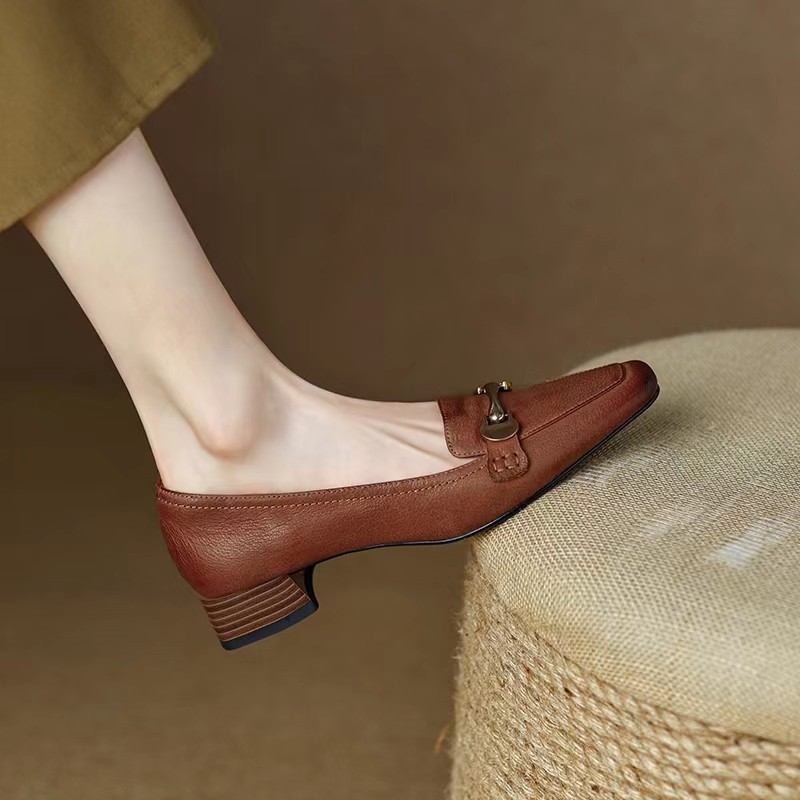 Women's soft leather retro genuine soft leather shoes small square toe medium heels thick heels autumn new women's soft leather shoes women's shoes_voghion.com