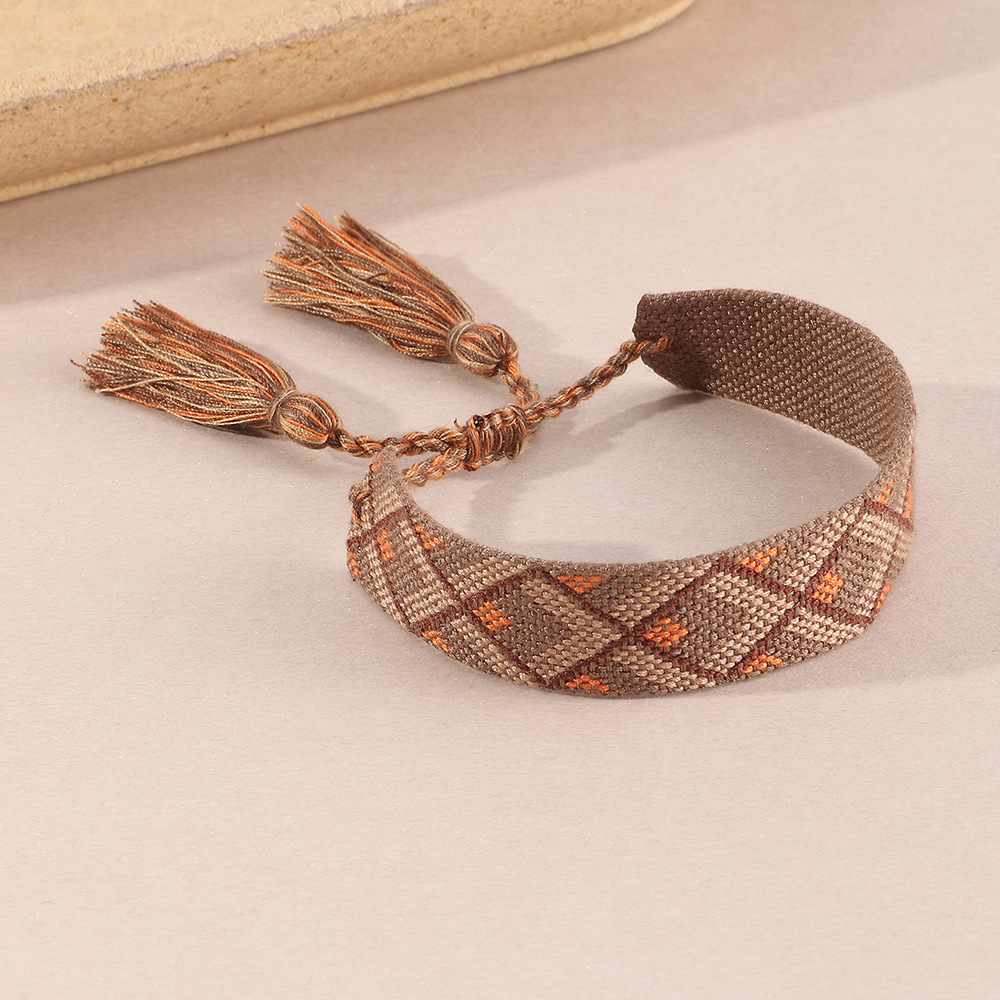 Retro Fashion Color Matching Plaid Fringed Coffee Color Bracelet display picture 4