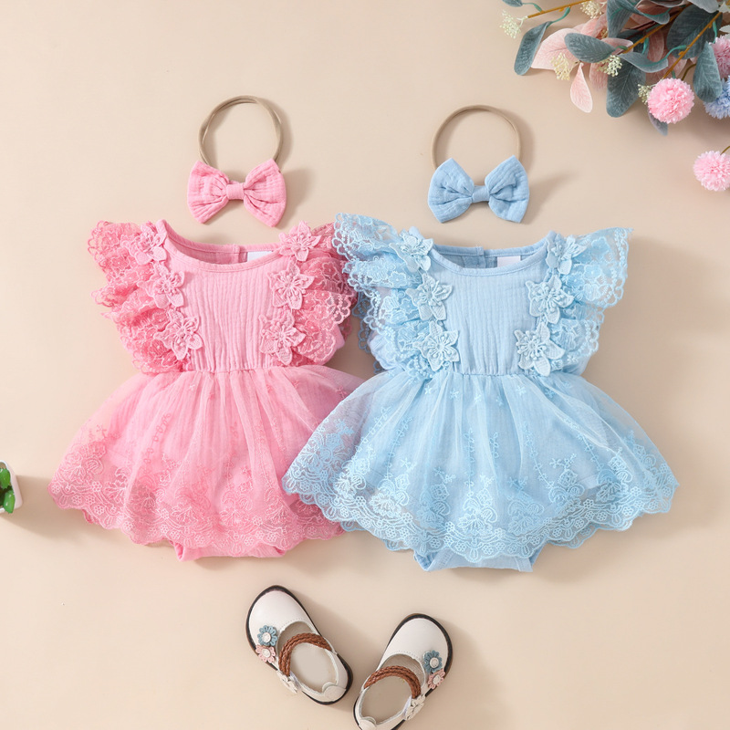 Summer Baby Girl Sweet Sleeveless Lace Triangle Mesh Skirt Newborn Lace Flower Bag Fart Dress