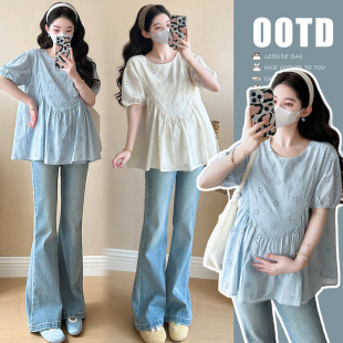 2025 Summer New Loose Pregnant Women's Shirt Embroidered Shirt Pregnant Women's Top